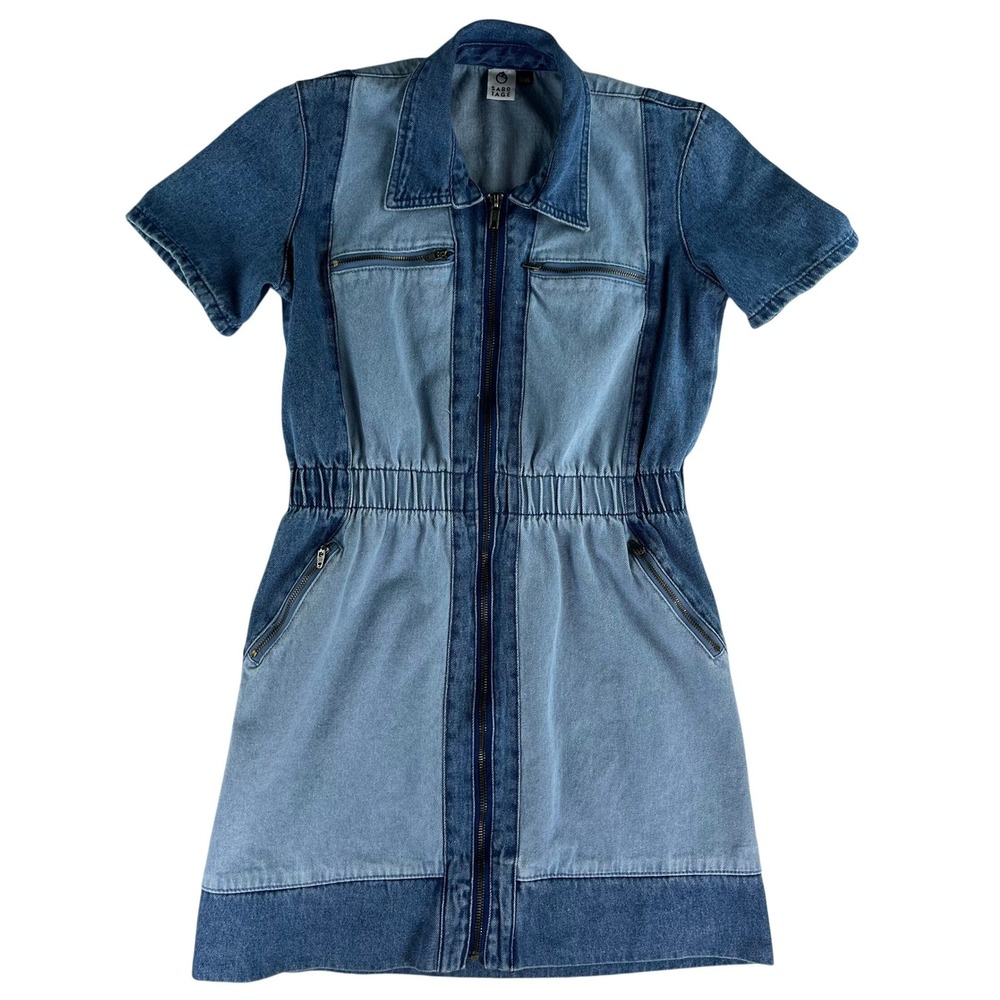 Sabotage Denim Zip Shirt Dress XS Blue Utility Workwear Jean Mini Casual 2 Tone